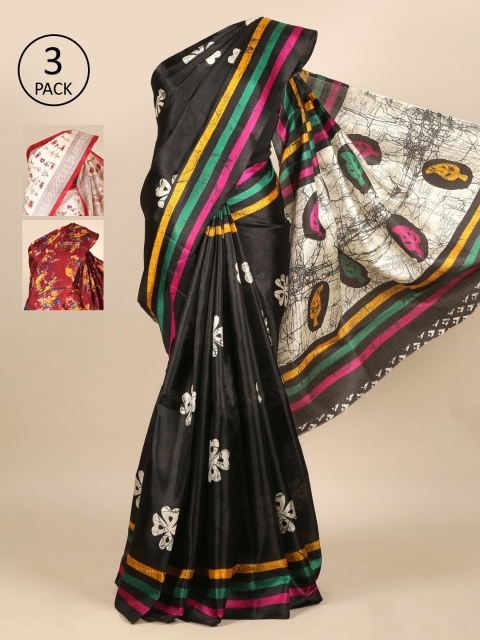 

Pothys Pack Of 3 Jute Silk Sarees, Black