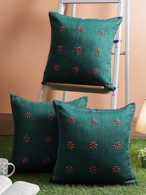 

RANGDESI Sea Green & Red Set of 3 Hand Embroidered Silk Square Cushion Covers