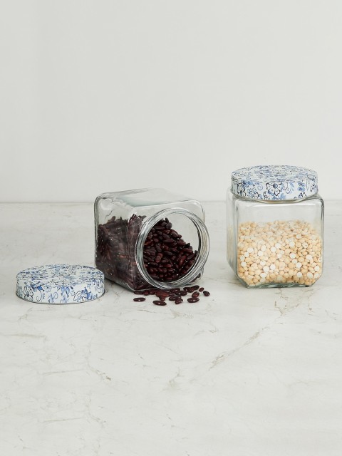 

Home Centre Set Of 2 Transparent & Blue Glass Solid Jar With Lid