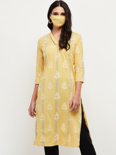 

max Women Yellow & Off White Floral Striped Kurta