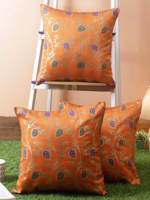 

RANGDESI Orange Set of 3 Ethnic Motifs Floral Jaal Brocade And Silk Cushion cover