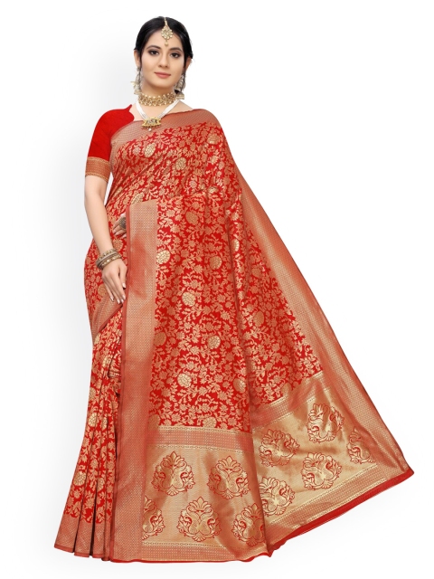 

Kalini Red Poly Silk Jacquard Banarasi Saree With Unstitched Blouse