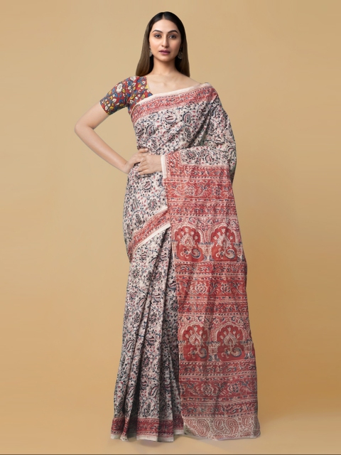 

Unnati Silks Cream & Red Kalamkari Pure Cotton Kanjeevaram Saree