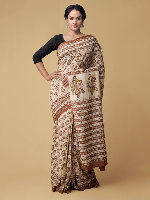 

Unnati Silks Cream Dabu Pure Cotton Bagru Handloom Saree