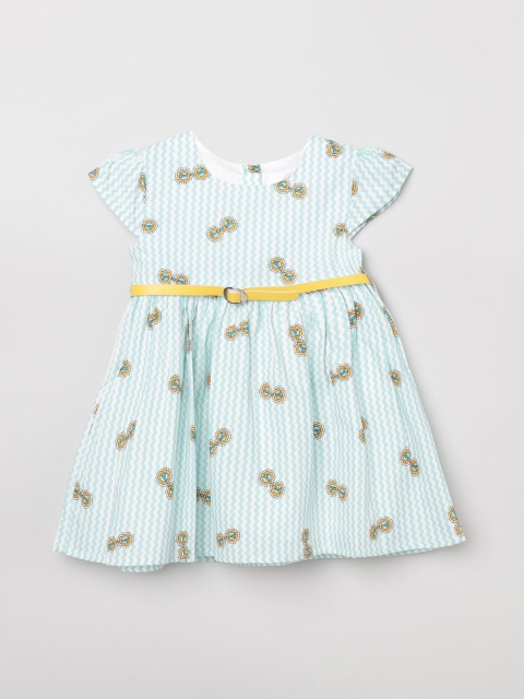 

max Girls Sea Green & White Printed Cotton Fit & Flare Dress