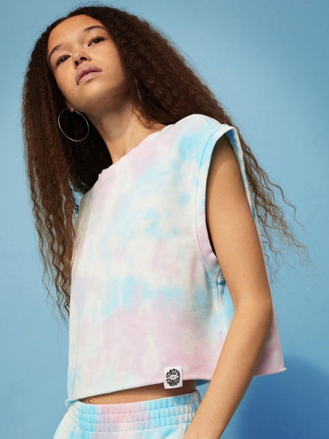 

H&M Women Turquoise Blue & Pink Dyed Cropped Sweatshirt Top