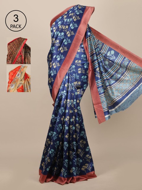 

Pothys Pack of 3 Ethnic Motifs Jute Silk Saree, Blue