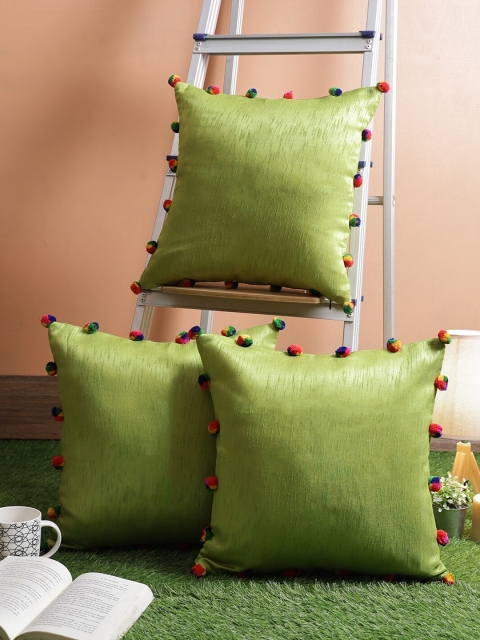 

RANGDESI Set Of 3 Green & Pink Solid Square Cushion Covers