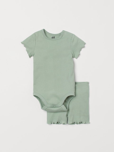 

H&M Girls Mint Green Ribbed Cotton Bodysuit & Short Set