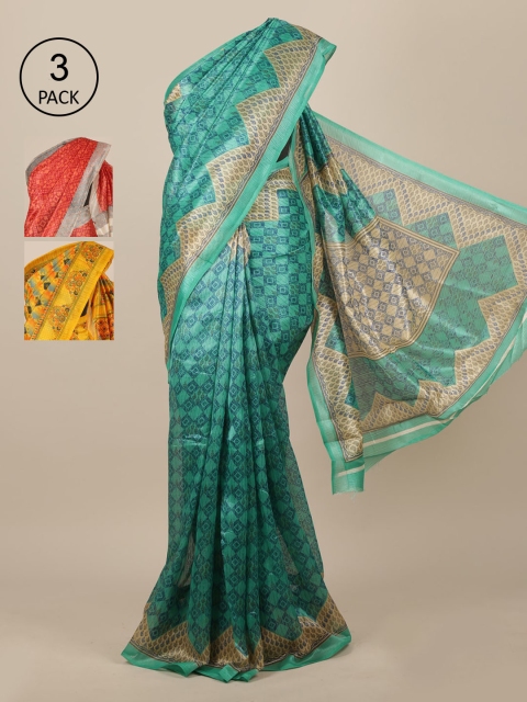 

Pothys Pack of 3 Ethnic Motifs Jute Silk Saree, Sea green