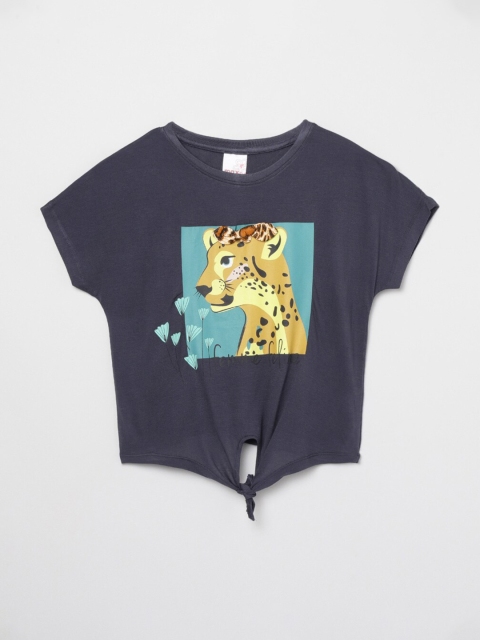 

max Girls Navy Blue Printed T-shirt with Waist Tie-Ups