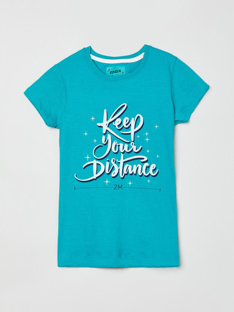 

max Girls Turquoise Blue Typography Printed T-shirt