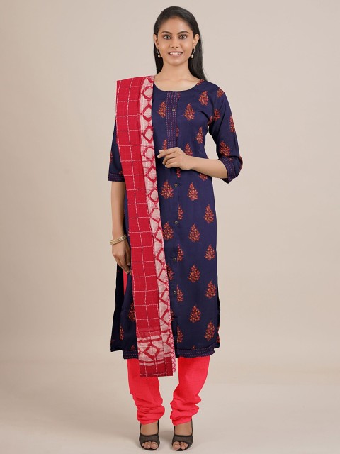 

Pothys Navy Blue & Red Printed Unstitched Dress Material