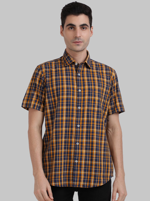 

ColorPlus Men Navy Blue & Orange Tailored Fit Checked Casual Shirt