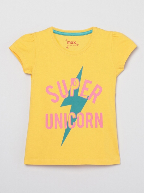 max Girls Yellow & Pink Typography Printed T-shirt
