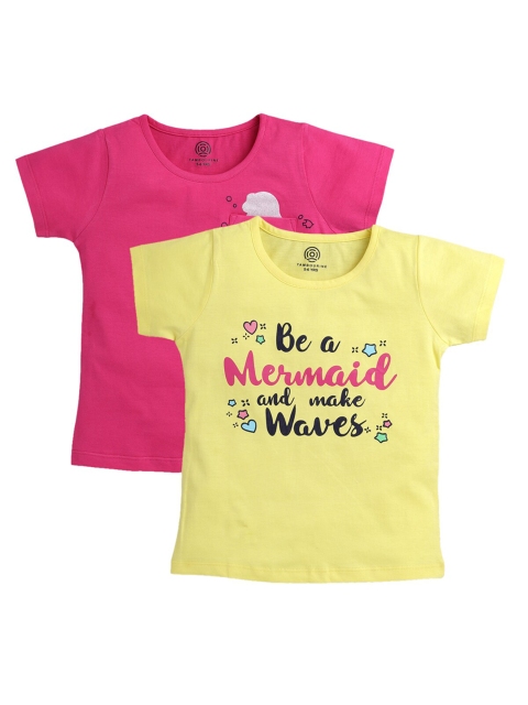 

TAMBOURINE Girls Pack of 2 Yellow Pink Typography Printed Pure Cotton T-shirt
