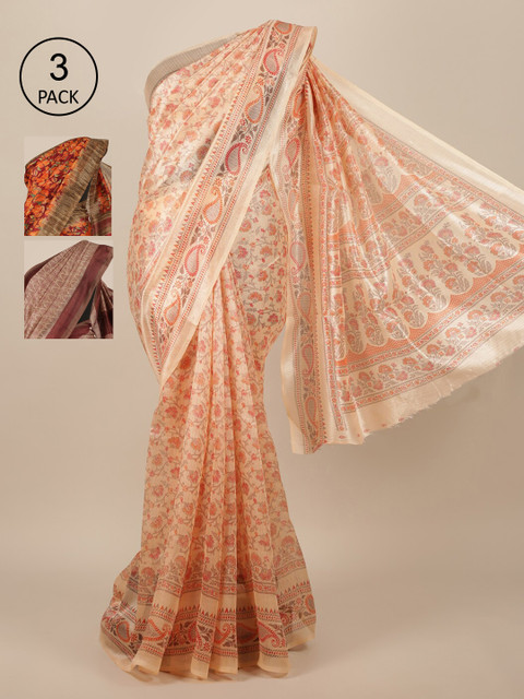 

Pothys Pack Of 3 Peach & Maroon Floral Jute Silk Sarees