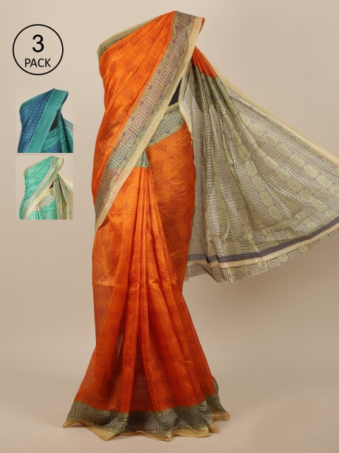 

Pothys Pack of 3 Floral Jute Silk Saree, Orange