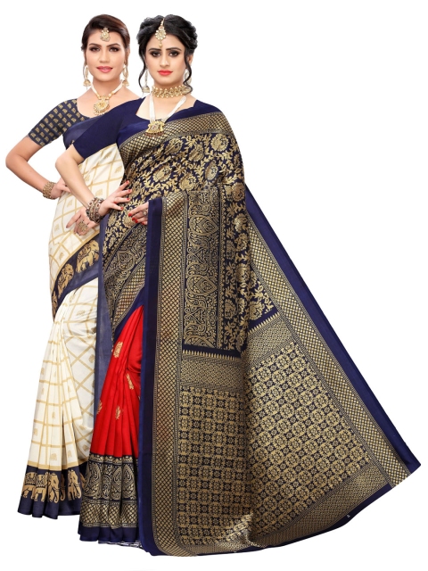 

KALINI Pack of 2 Navy Blue & Cream Woven Design Art Silk Saree