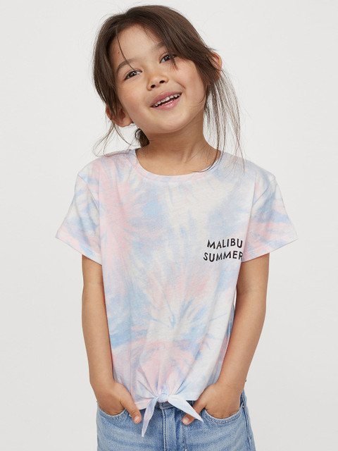 

HM Girls Blue Pink Printed Tie-Hem Pure Cotton T-shirt