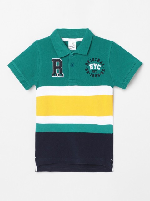 

max Boys Green & Black Striped Polo Collar T-shirt