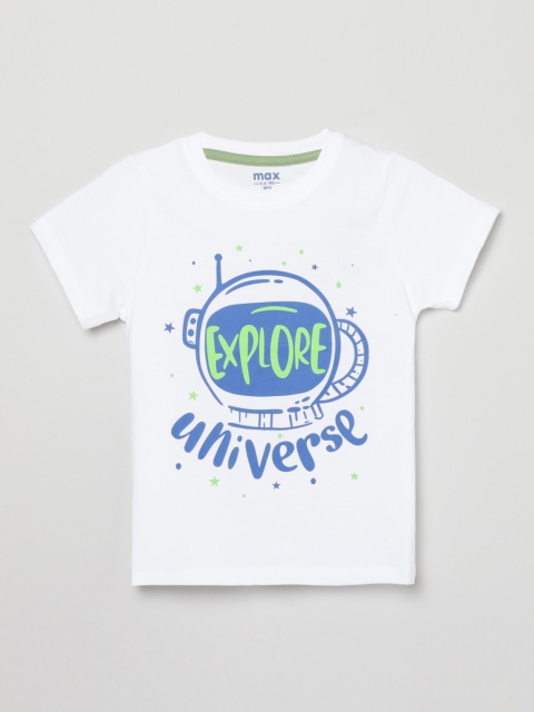 max Boys White & Blue Typography Printed Round Neck T-shirt
