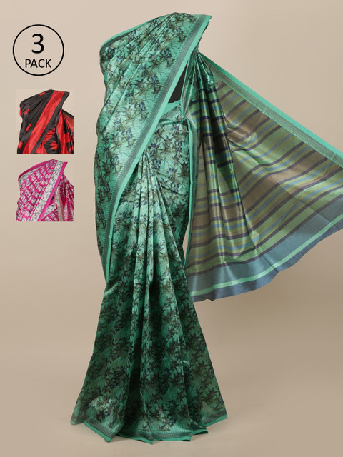 

Pothys Pack of 3 Floral Jute Silk Saree, Green