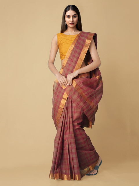 

Unnati Silks Olive & Red Checked Zari Pure Cotton Chettinad Handloom Saree