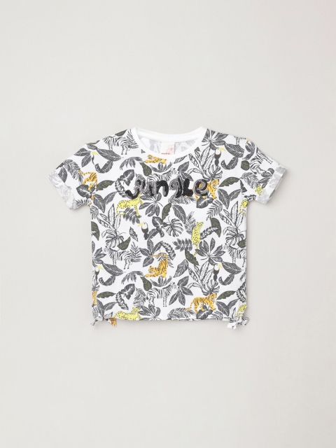 

max Girls White & Grey Floral Printed T-shirt with Sequins