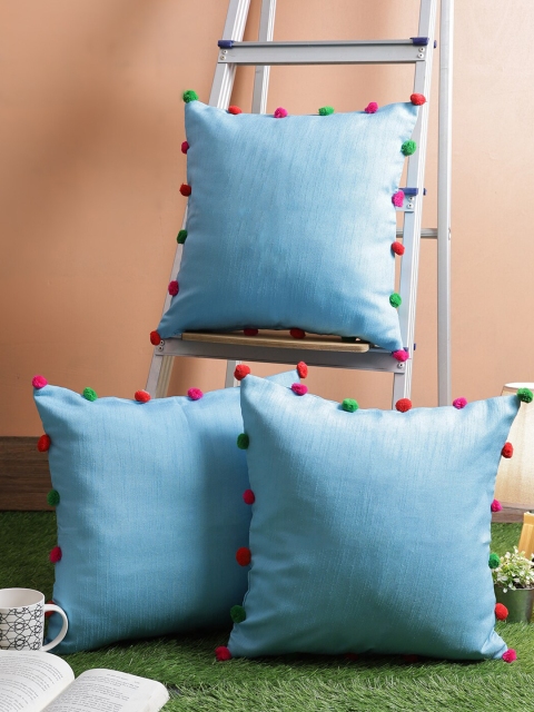 

RANGDESI Blue & Pink Set of 3 Pom Pom Balls Embellished Square Cushion Covers