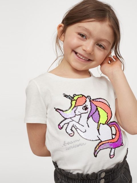 

H&M Girls White & Purple Interactive-Motif Sequin Embellished T-Shirt