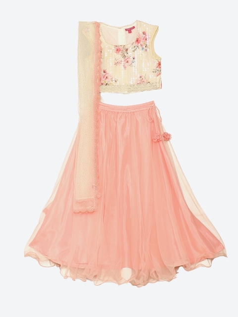 

Biba Girls Champagne & Peach-Coloured Printed Ready to Wear Lehenga & Blouse with Dupatta
