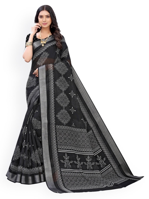 

KALINI Black Poly Cotton Printed Saree With Unstitched Blouse