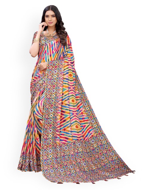 

KALINI Peach Printed Embroidered Jute Cotton Saree