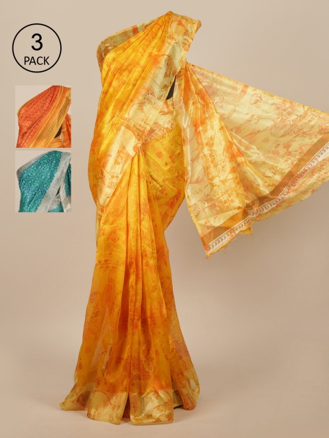 

Pothys Pack Of 3 Yellow & Turquoise Blue Jute Silk Saree