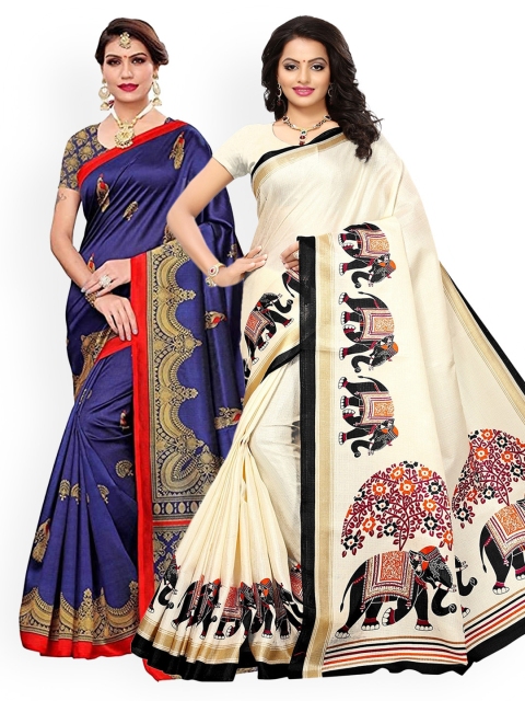 

KALINI Pack Of 2 White & Navy Blue Ethnic Motifs Art Silk Saree