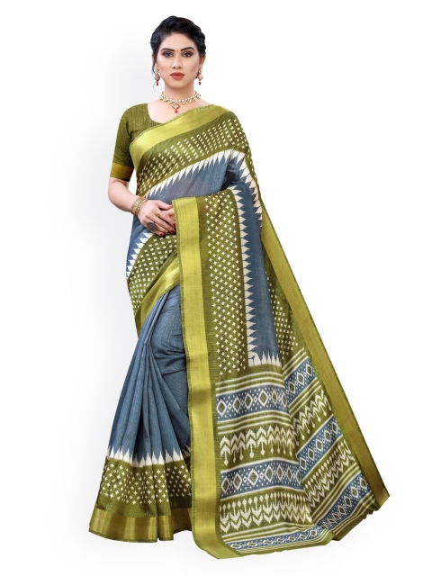 

KALINI Grey & Green Printed Zari Saree