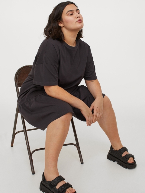 

H&M+ Charcoal Grey Solid Cotton T-Shirt Dress