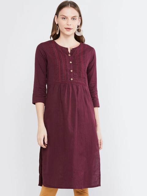 

max Women Maroon Thread Work Kurta