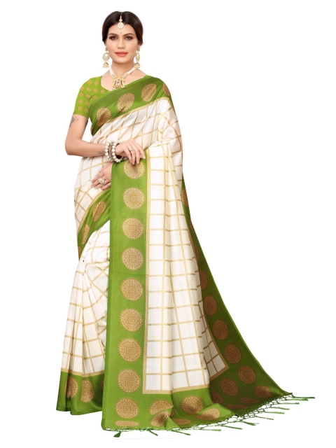 

KALINI White & Green Checked Poly Silk Saree