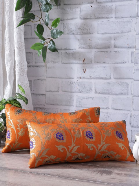 

Rangdesi Set of 2 Orange & Blue Brocade Cushion Cover with Inserts