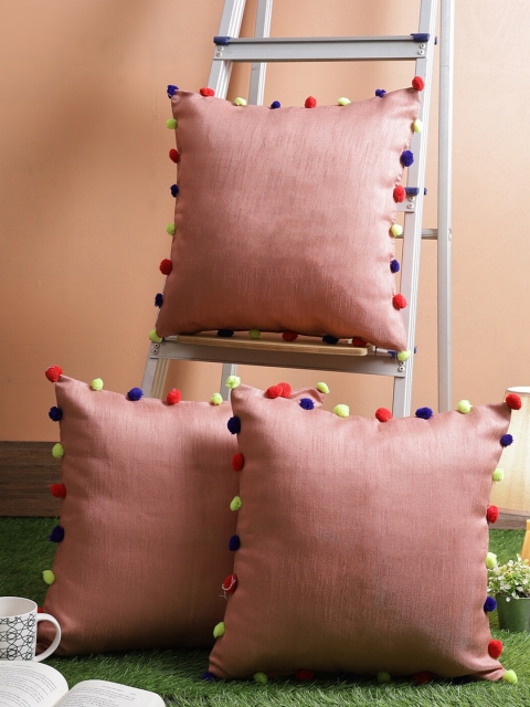 

RANGDESI Peach-Coloured & Blue Set of 3 Embellished Square Cushion Covers