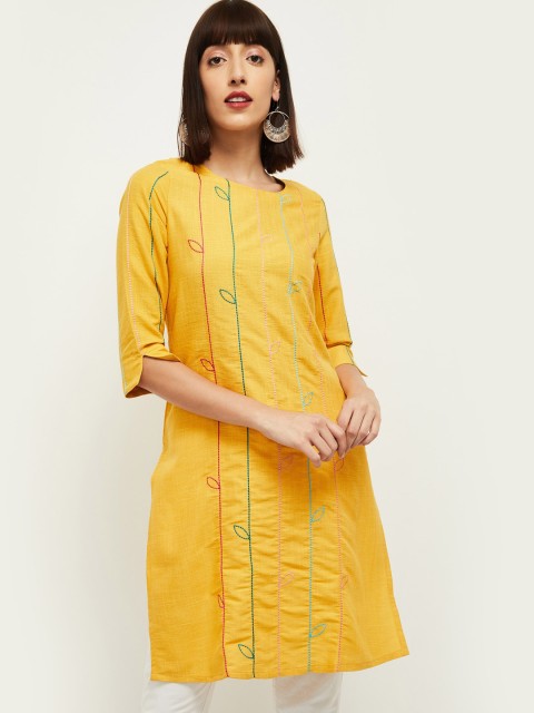 

max Women Mustard Striped Thread Work Kurta
