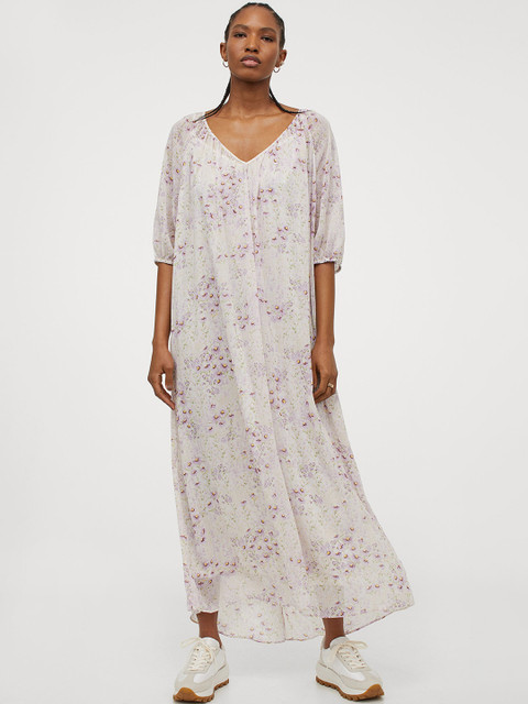 

H&M Women White & Purple Long V-Neck Maxi Dress