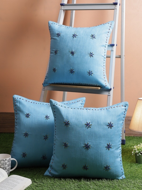 

RANGDESI Blue Set of 3 Hand Embroidered Silk Square Cushion Covers