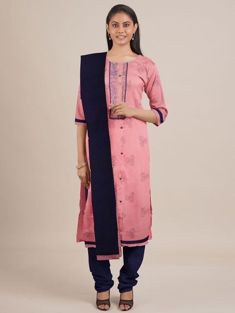 

Pothys Women Pink & Navy Blue Printed Unstitched Dress Material