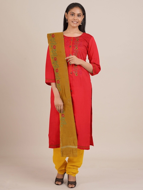 

Pothys Red & Mustard Yellow Embroidered Unstitched Dress Material