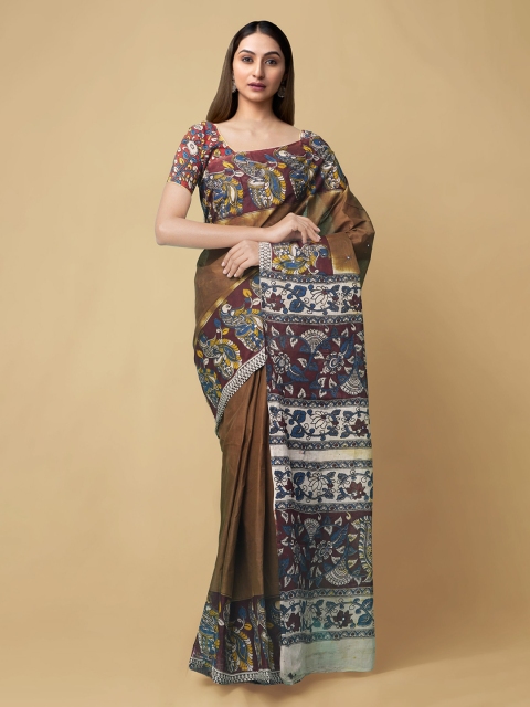 

Unnati Silks Brown & White Floral Pure Cotton Kanjeevaram Saree