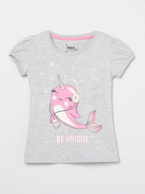 

max Girls Grey Melange Printed Puff Sleeves T-shirt