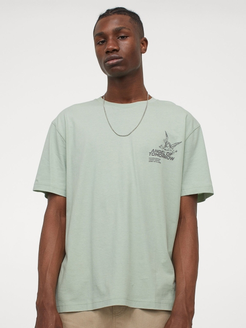 H&M Men Turquoise Blue Printed Cotton T-shirt